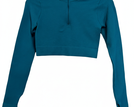 FRWD Teal Long Sleeve Half-Zip Ribbed Crop Top