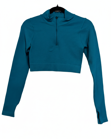 FRWD Teal Long Sleeve Half-Zip Ribbed Crop Top