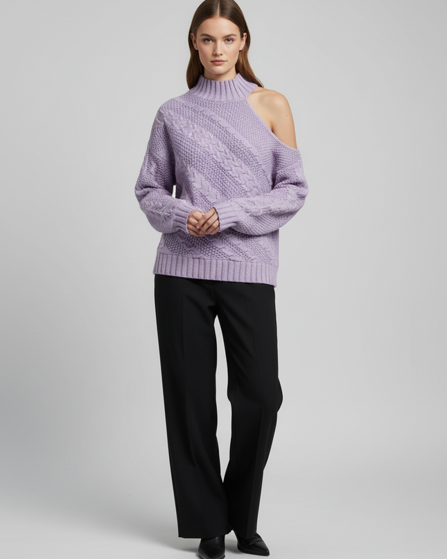 INC International Concepts Purple One Shoulder Cable Knit Mock Neck Sweater