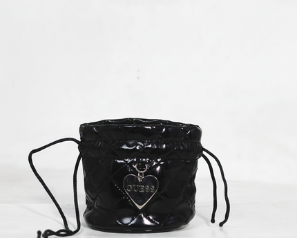 Guess Black Quilted Patent Drawstring Bucket Bag