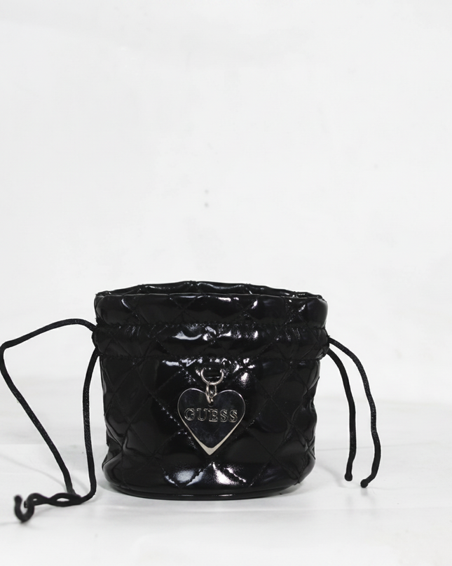 Guess Black Quilted Patent Drawstring Bucket Bag