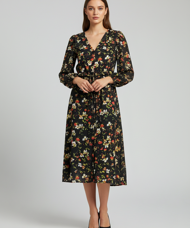 Trendyol Black Floral Button-Down Midi Dress