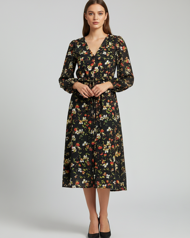 Trendyol Black Floral Button-Down Midi Dress