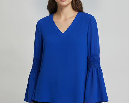 Michael Kors Royal Blue Smocked Bell Sleeve V-Neck Blouse