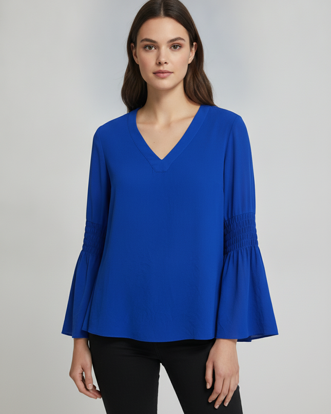 Michael Kors Royal Blue Smocked Bell Sleeve V-Neck Blouse