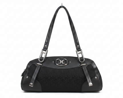 DKNY Black Monogram Canvas and Lizard-Embossed Shoulder Bag