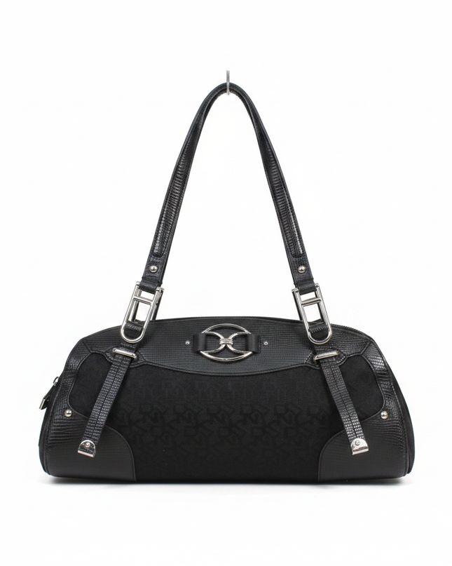 DKNY Black Monogram Canvas and Lizard-Embossed Shoulder Bag