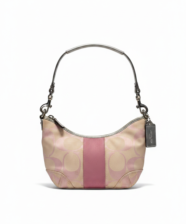 Coach Pink Signature Stripe Canvas Small Hobo Bag