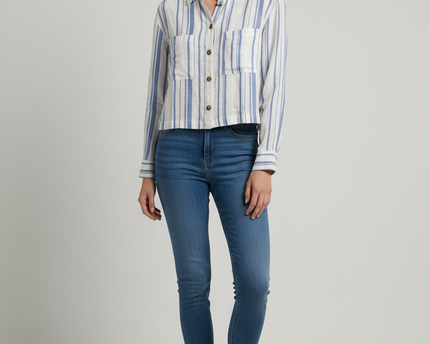 Aeropostale Blue and White Striped Cropped Long-Sleeve Shirt