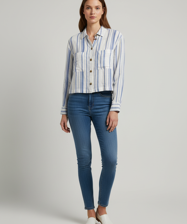 Aeropostale Blue and White Striped Cropped Long-Sleeve Shirt