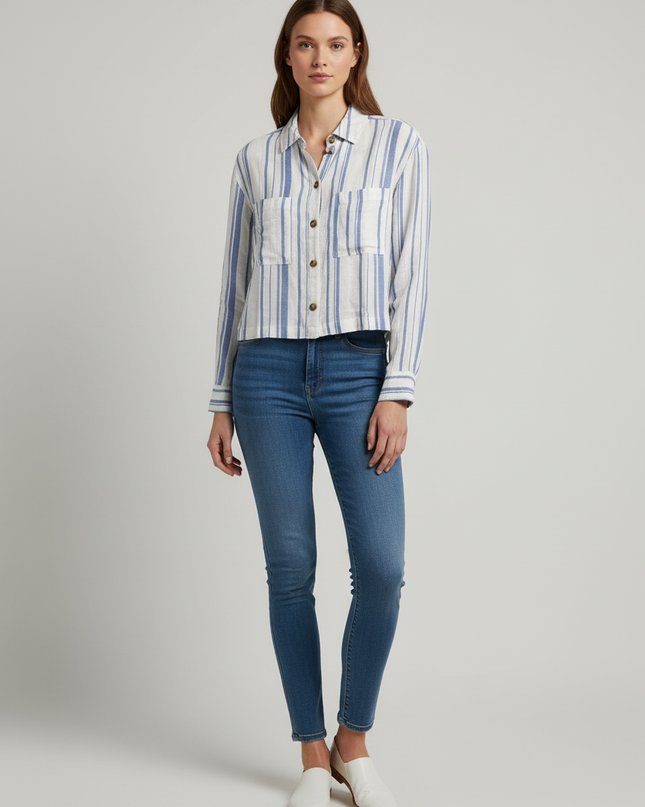 Aeropostale Blue and White Striped Cropped Long-Sleeve Shirt