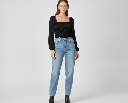 KIRIOUS Black Ruched Balloon Sleeve Crop Top