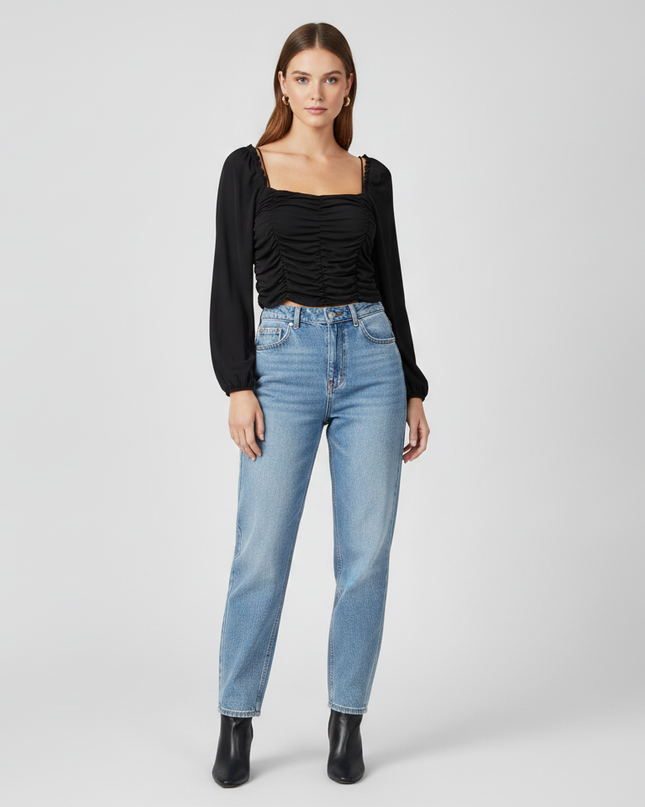 KIRIOUS Black Ruched Balloon Sleeve Crop Top