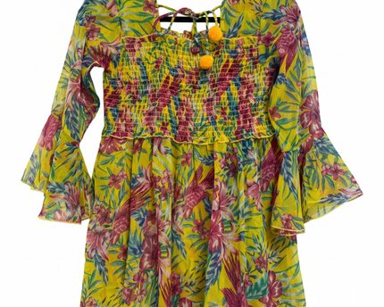 Popwings Yellow Floral Smocked with Bell Sleeves Mini Dress