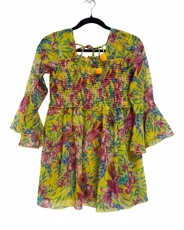 Popwings Yellow Floral Smocked with Bell Sleeves Mini Dress