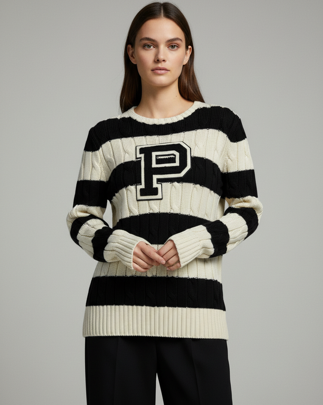 Polo Ralph Lauren Black and White Striped Cable Knit Pima Cotton Sweater