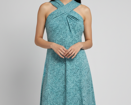 Michael Kors Teal Patterned Twist Neck Sleeveless Dress