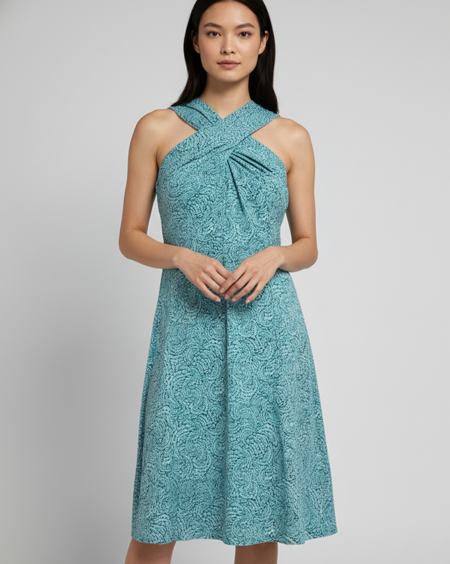 Michael Kors Teal Patterned Twist Neck Sleeveless Dress