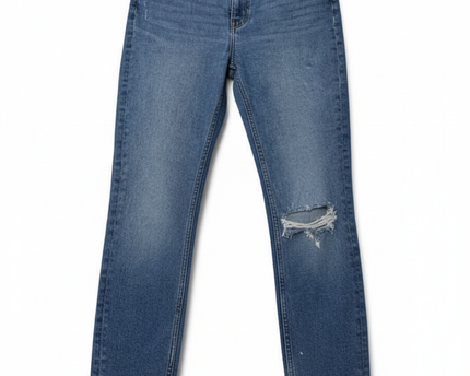 H&M High Rise Distressed Straight Leg Blue Denim Jeans