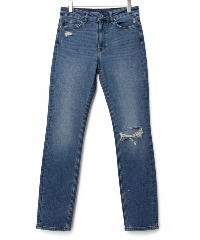 H&M High Rise Distressed Straight Leg Blue Denim Jeans