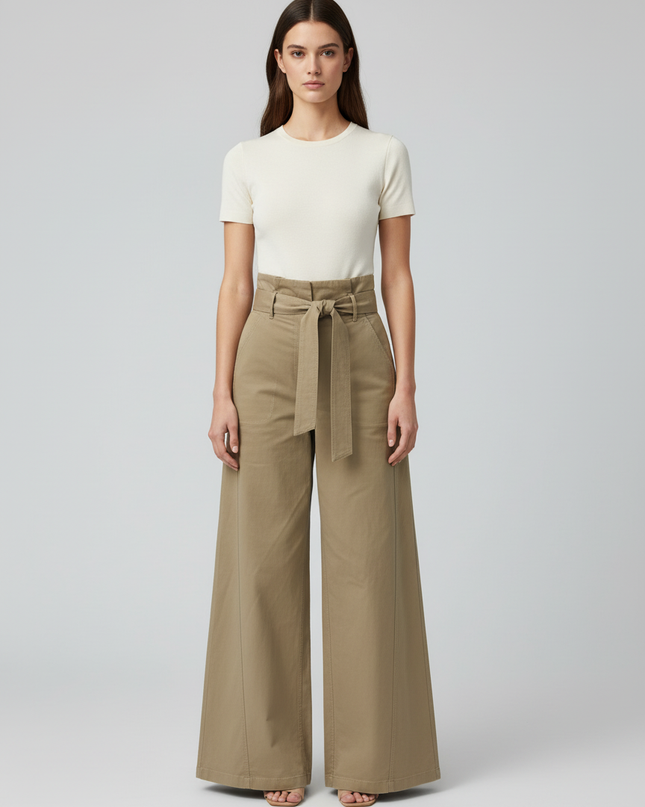 Zara Beige High-Waisted Wide Leg Belted Utility Pants