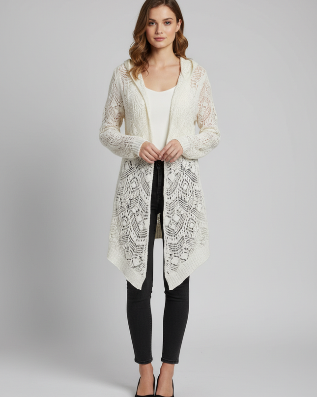 PS From Aeropostale Cream Hooded Pointelle Knit Open Cardigan