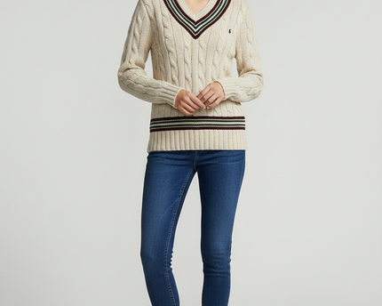 Polo Ralph Lauren Cream Cable-Knit Cricket V-Neck Sweater