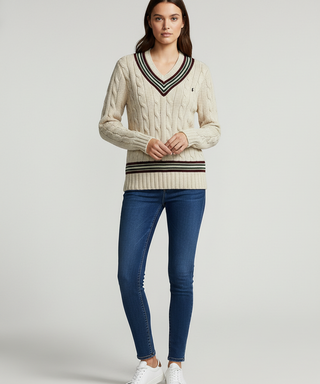 Polo Ralph Lauren Cream Cable-Knit Cricket V-Neck Sweater
