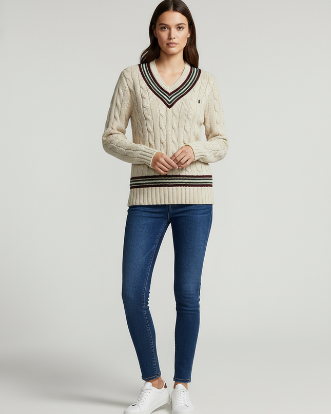Polo Ralph Lauren Cream Cable-Knit Cricket V-Neck Sweater
