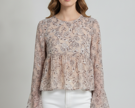 Aeropostale Beige Floral Peplum Blouse with Flared Sleeves