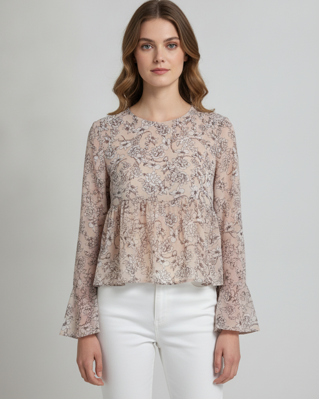 Aeropostale Beige Floral Peplum Blouse with Flared Sleeves