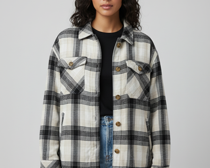 Aeropostale Black and Beige Plaid Button-Down Jacket