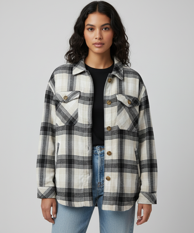 Aeropostale Black and Beige Plaid Button-Down Jacket