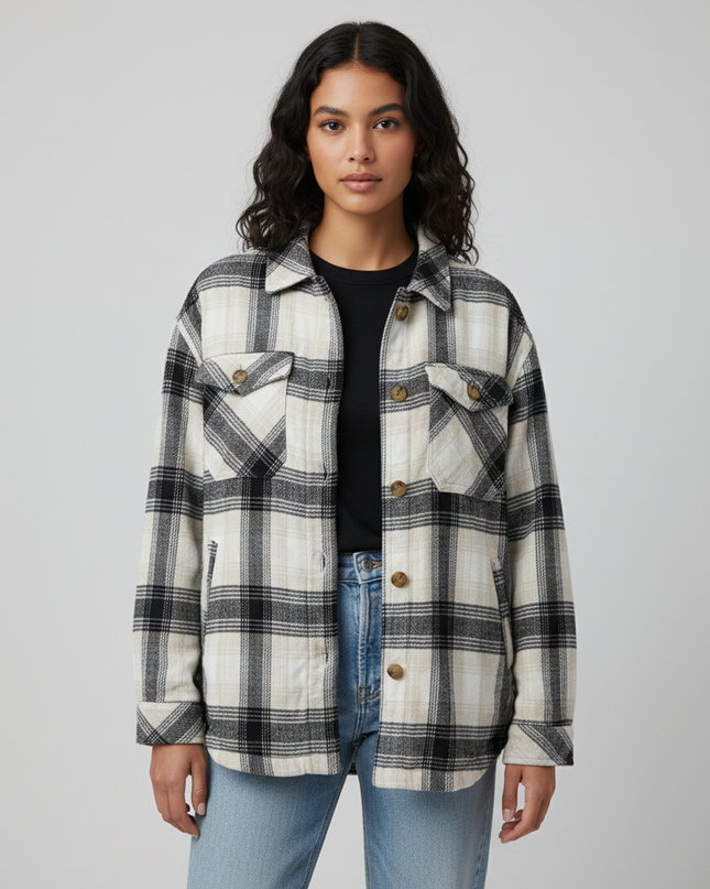 Aeropostale Black and Beige Plaid Button-Down Jacket