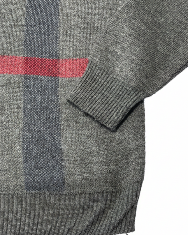 Burberry London Grey V-Neck Oversized Check Knit Sweater
