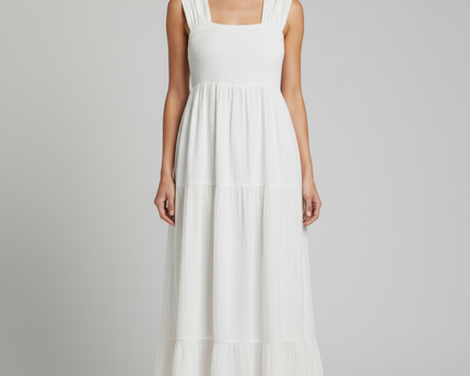 Vero Moda White Smocked Tiered Midi Dress