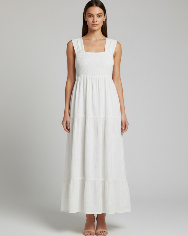 Vero Moda White Smocked Tiered Midi Dress