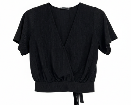 Bershka Black Plissé Textured Wrap Top