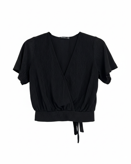 Bershka Black Plissé Textured Wrap Top