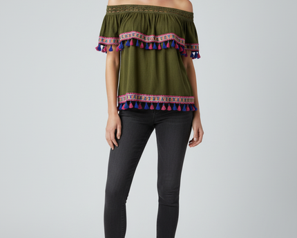 Lee Cooper Green Embroidered Boho Tassel Top