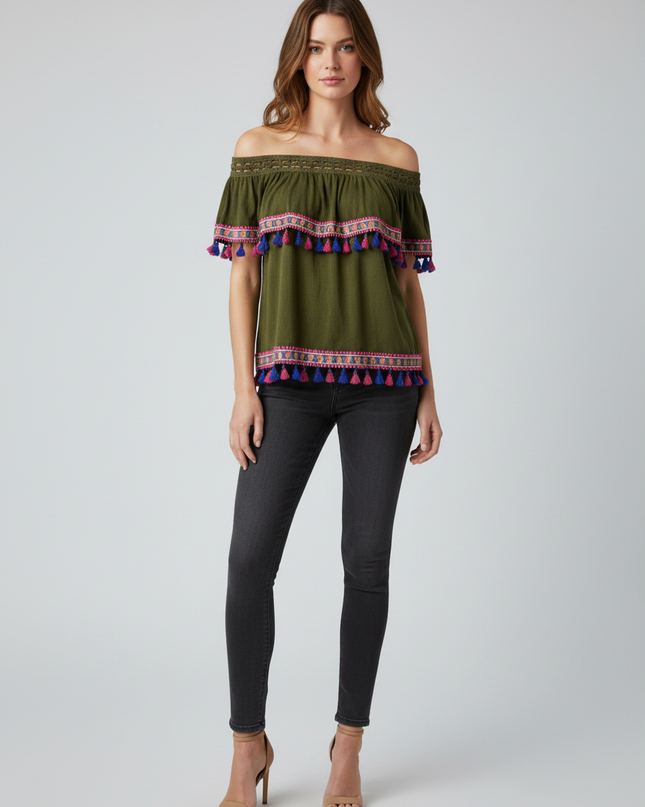 Lee Cooper Green Embroidered Boho Tassel Top