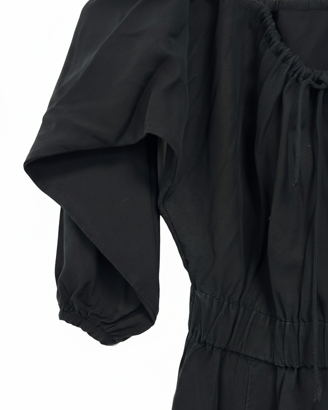 H&M Black Lyocell-Linen Puff Sleeve Tie-Neck Dress