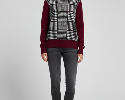 Tommy Hilfiger Burgundy Houndstooth Front Knit Sweater