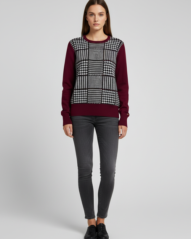 Tommy Hilfiger Burgundy Houndstooth Front Knit Sweater