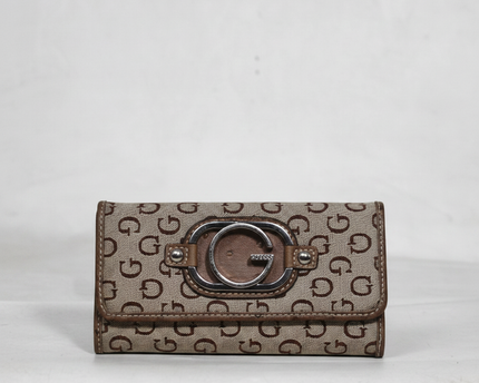 Guess Beige and Brown Monogram Trifold Wallet