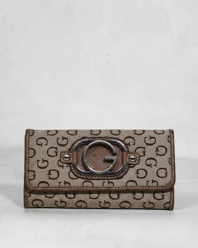 Guess Beige and Brown Monogram Trifold Wallet