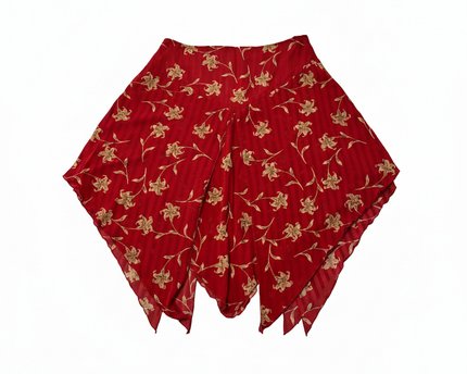 Red Floral Asymmetrical Handkerchief Hem Vintage Boho Style Skirt