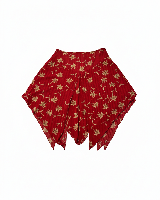 Red Floral Asymmetrical Handkerchief Hem Vintage Boho Style Skirt