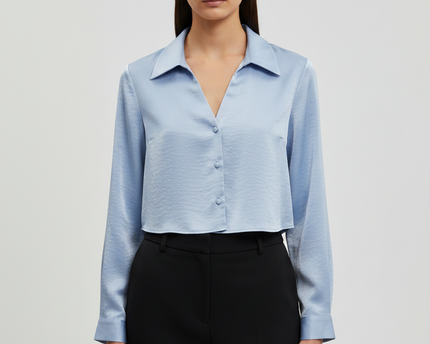 Zara Blue Cropped Satin-Finish Button-Down Blouse