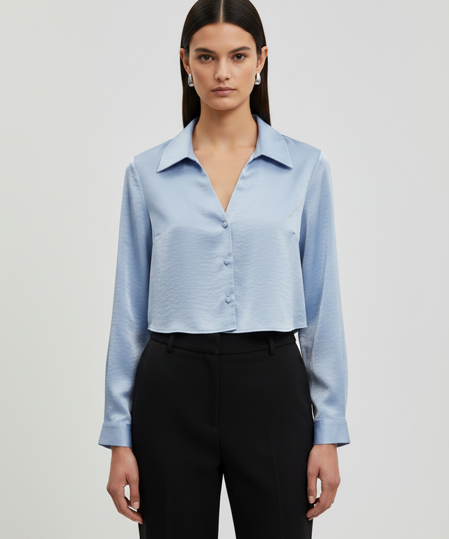 Zara Blue Cropped Satin-Finish Button-Down Blouse